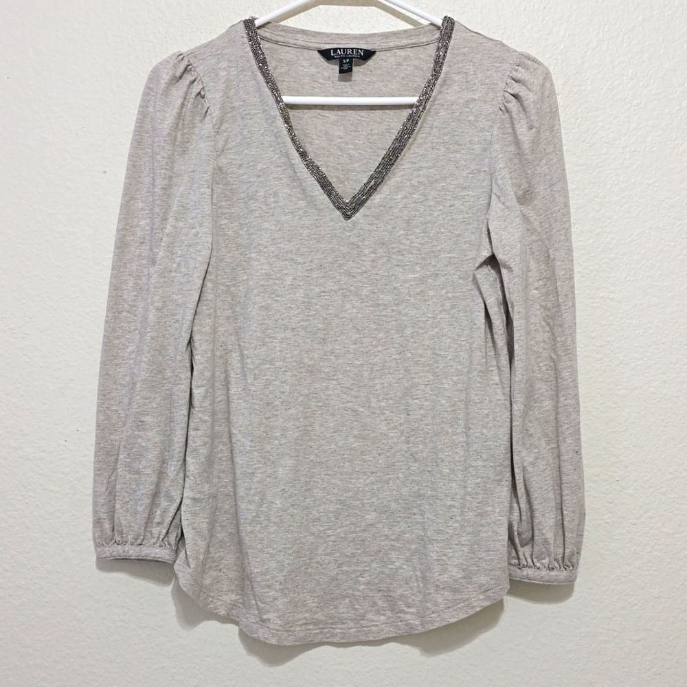 Ralph Lauren black label beaded v-neck long sleeve  puff sleeve cream top size S